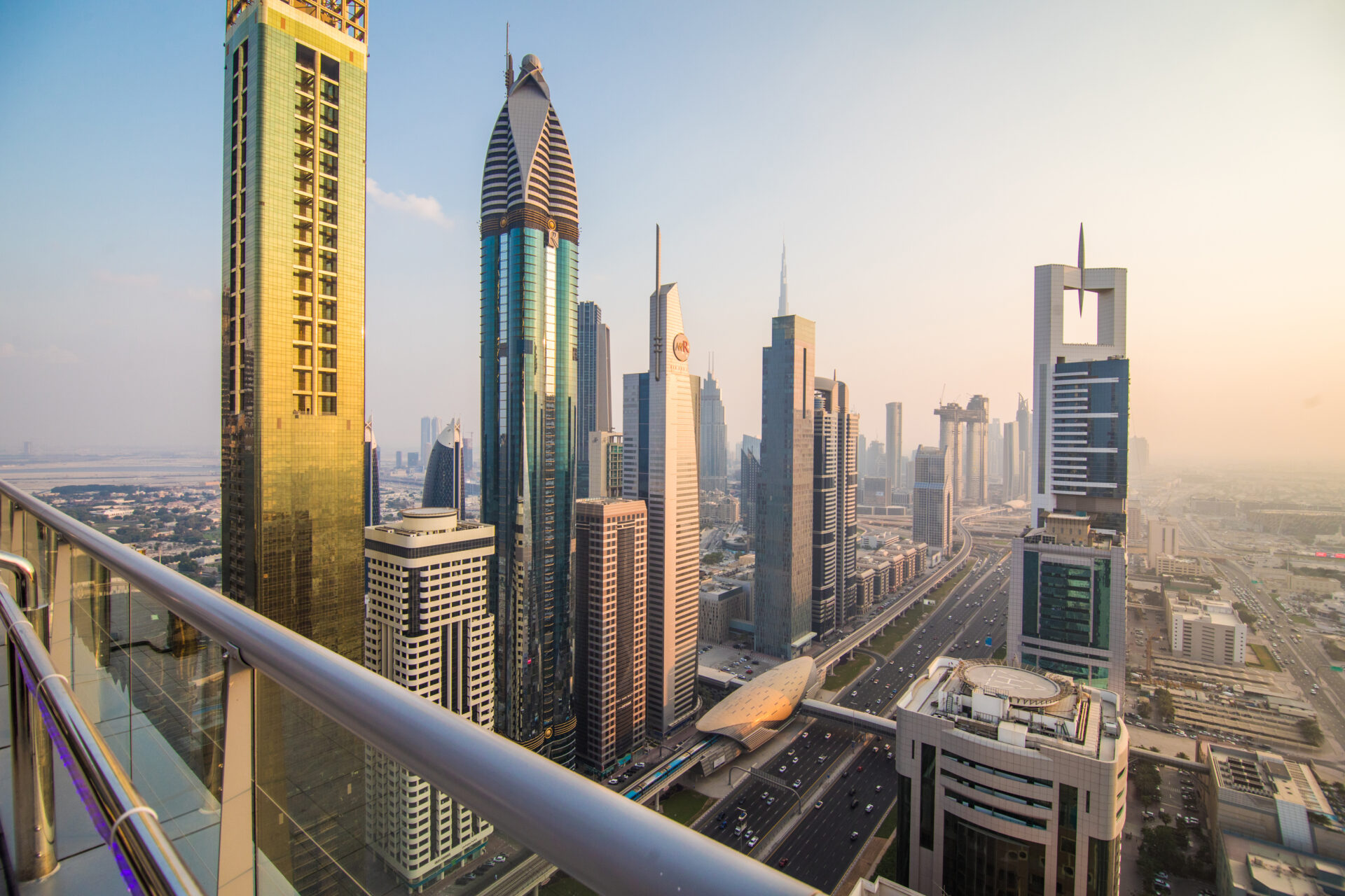 DUBAI, UAE - October, 2018. Aerial view of downtown Dubai in a sunny day, United Arab Emirates