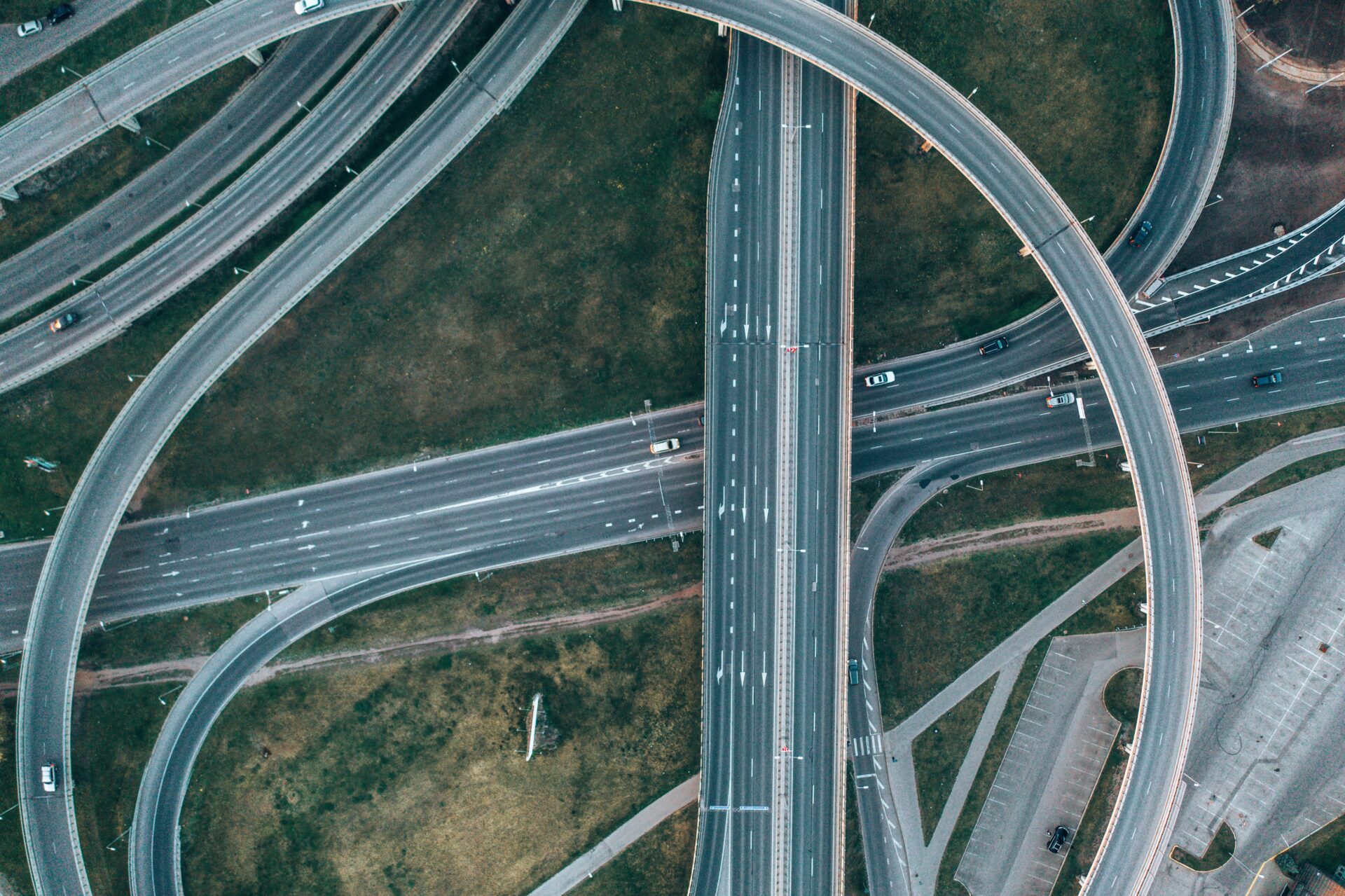 An aerial view of highways with overpass intersections