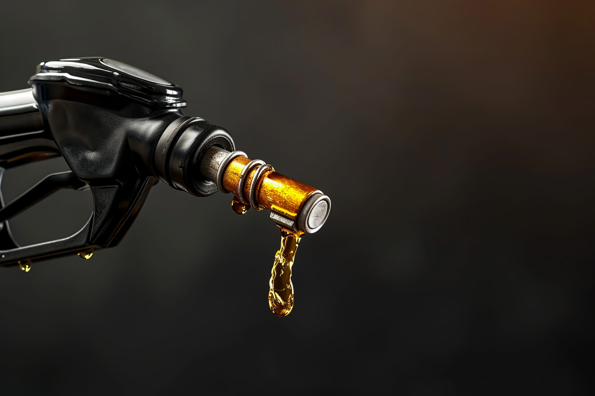 Black gasoline injector fueling oil or pure fuel on dark background. Flexible hose for refueling a car with gasoline, diesel fuel