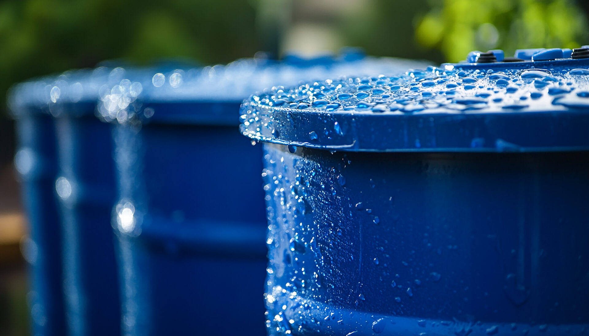 Close up of blue barrels standing with water drops on it