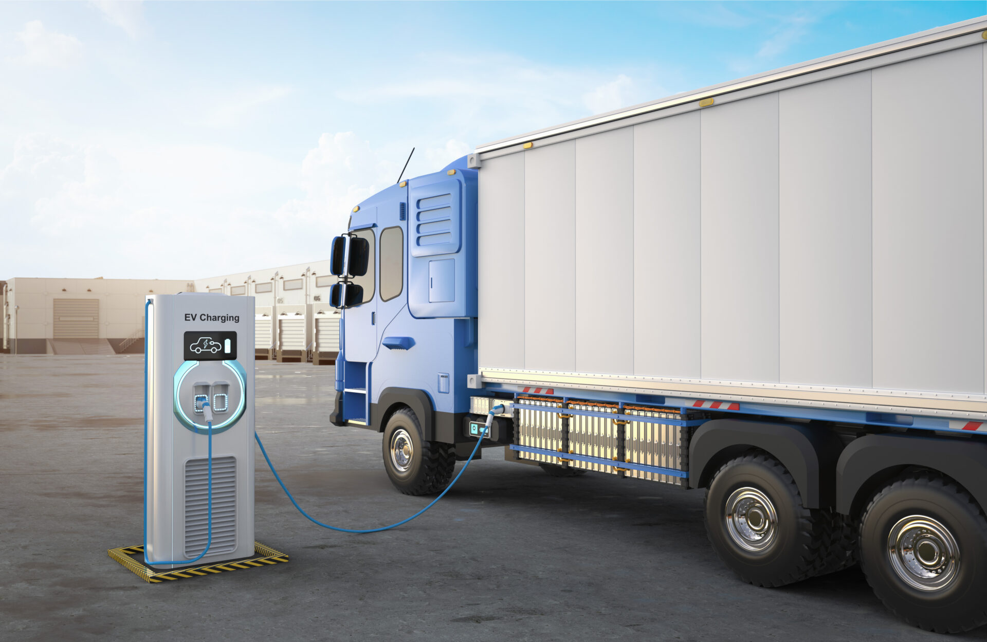 3d rendering ev logistic trailer truck or electric vehicle lorry at charging station