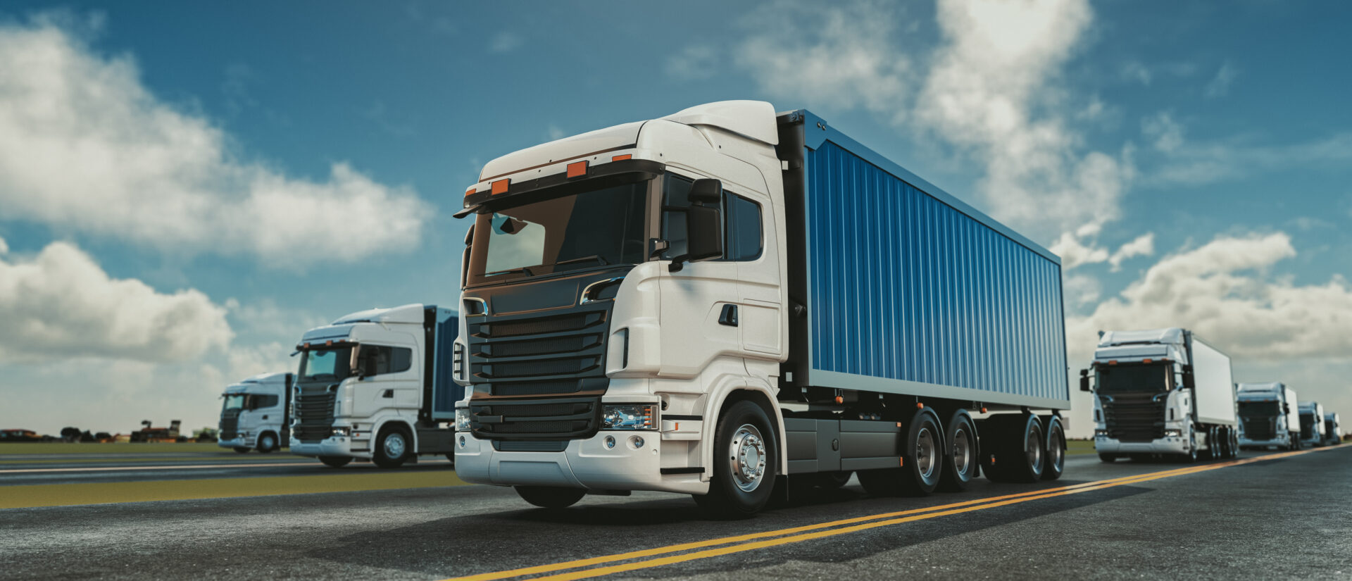 A large group of trucks Driving on a highway. 3d, rendering, illustration,