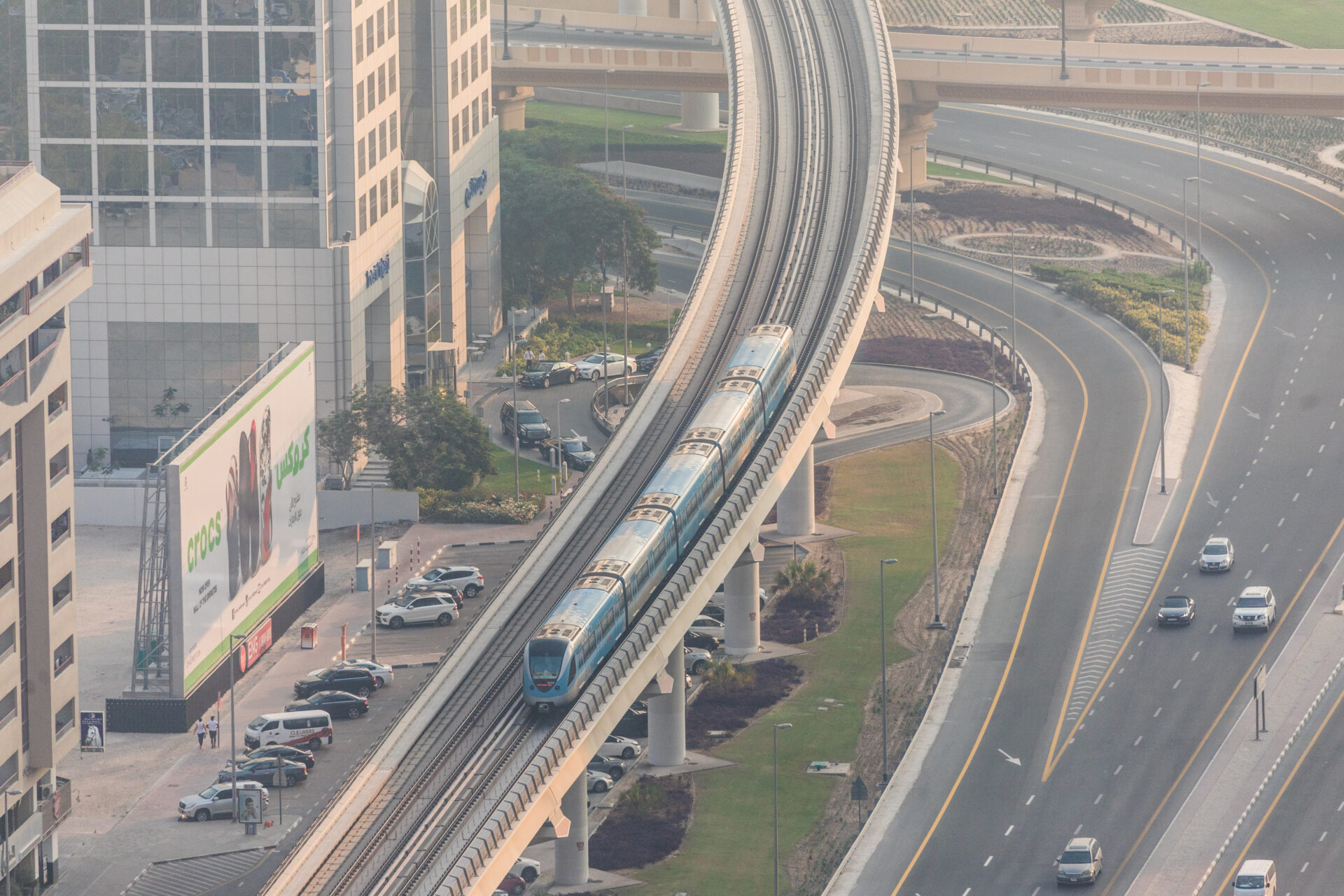 Top view of numerous cars in a traffic jam in Dubai, United Arab Emirates