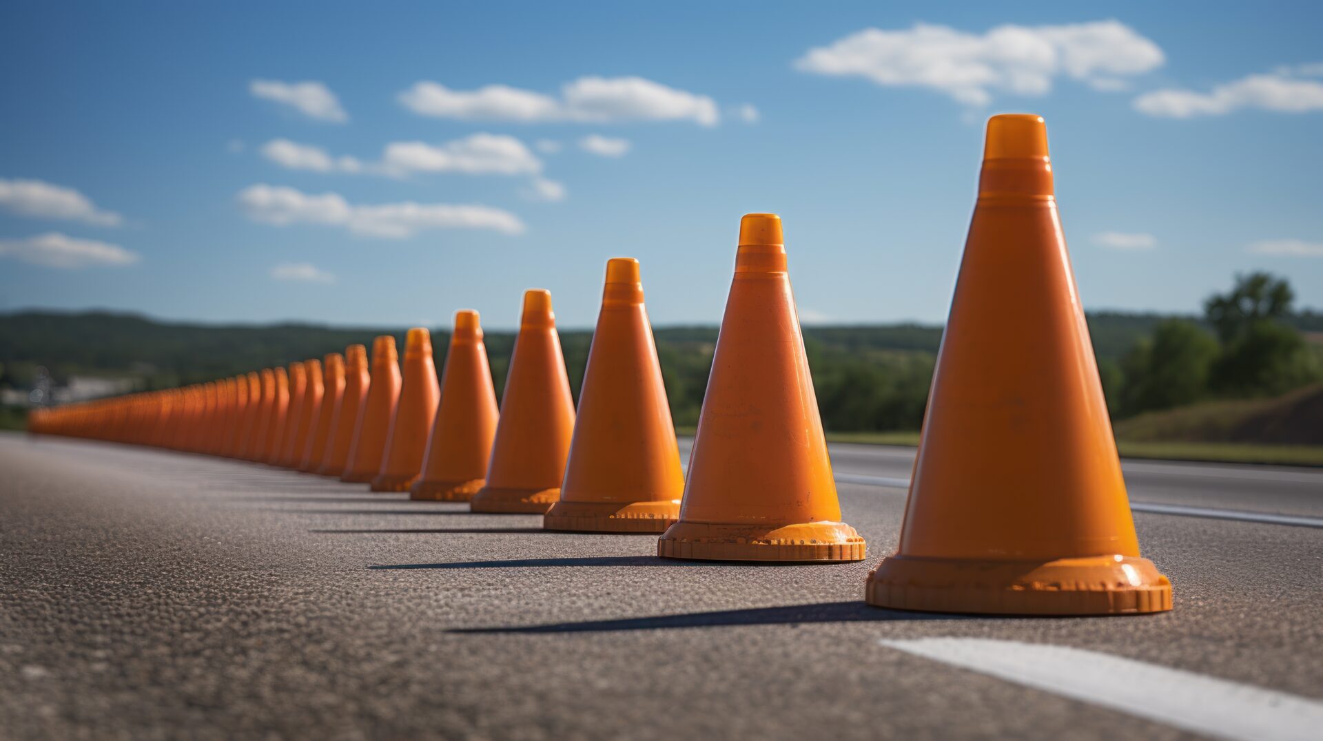 Traffic cones line up along  sunlit asphalt road.