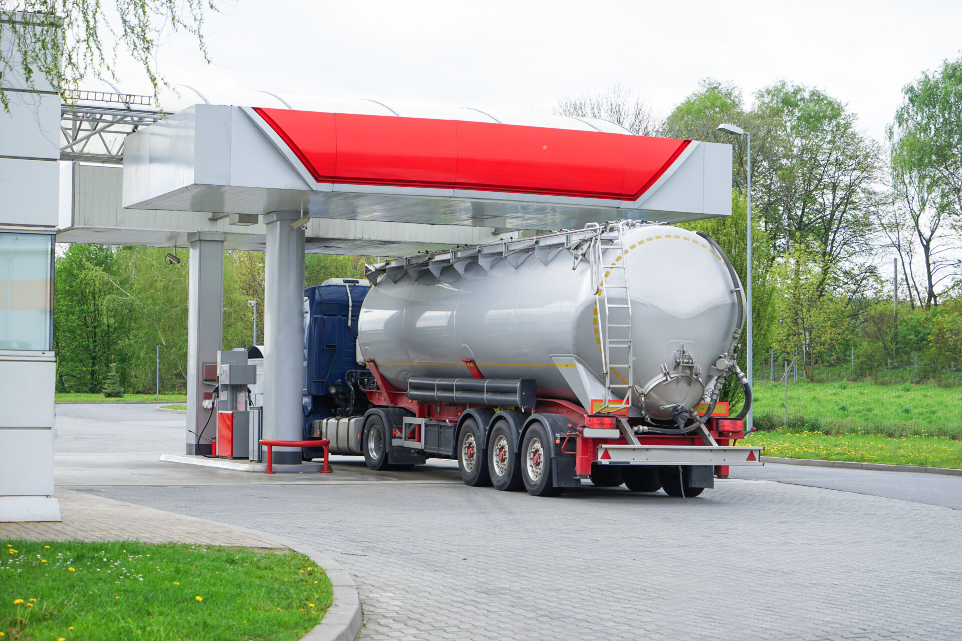 View of gas petrol station with cistern car