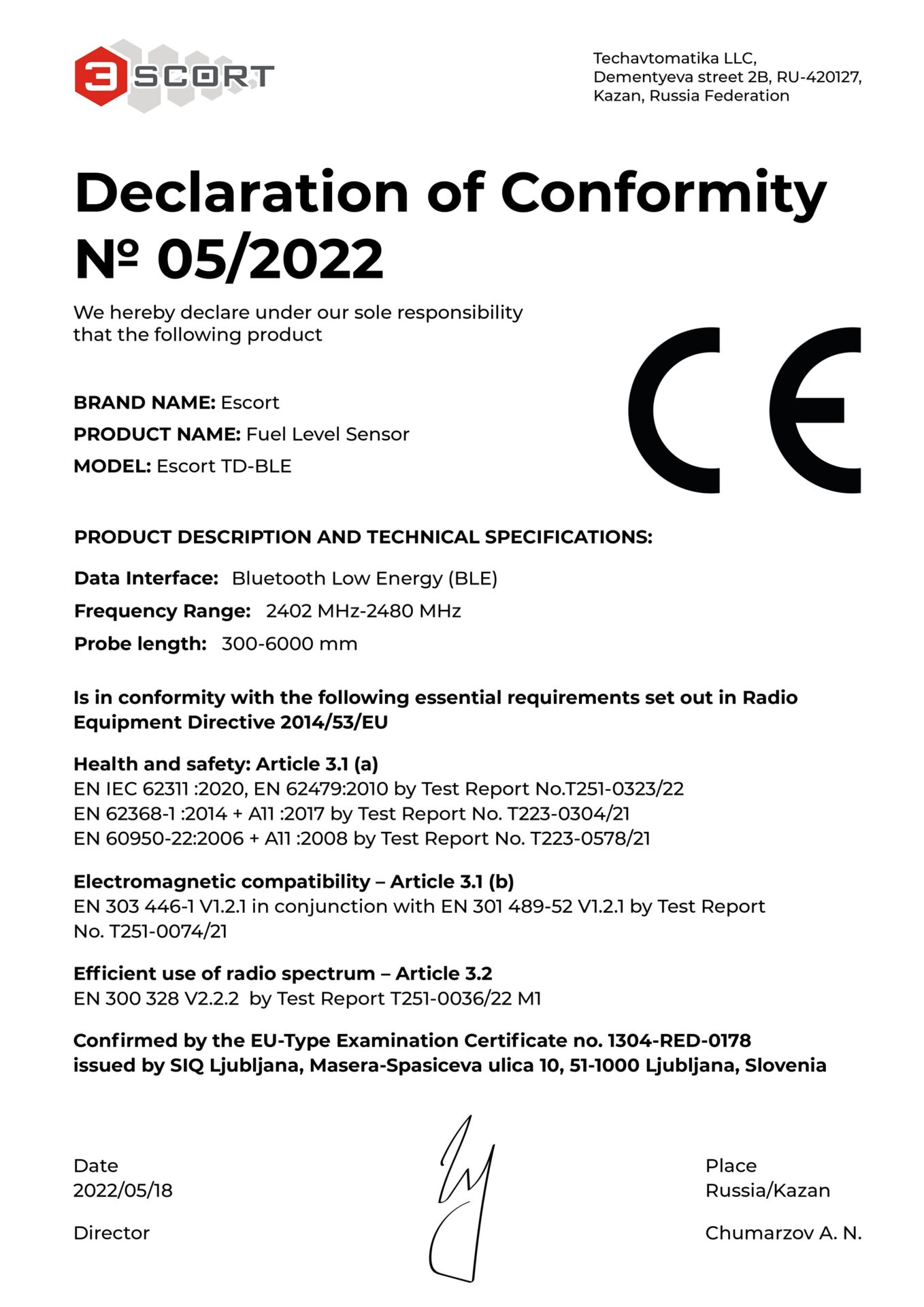 057-Declaration-of-CE-conformity_Escort_TD-BLE-Wireless-fuel-level-sensor